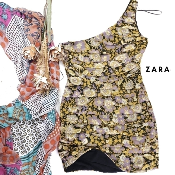 Zara Dresses & Skirts - Gorgeous Zara Purple Gold Floral Layered One Shoulder Dress Sz M